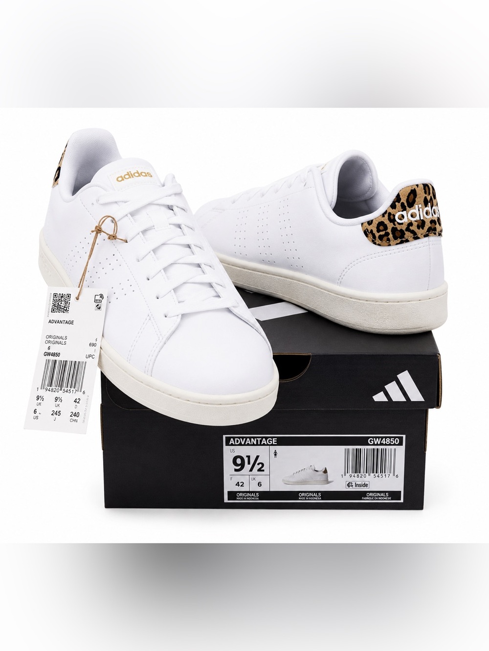 adidas White Leather Sneakers with Leopard Heel Accent